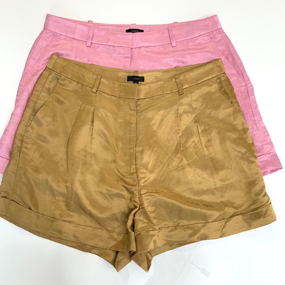 2 PAIR! J. Crew Sz 16 Satin Faced Linen Pleated Cuffed Pink Gold Dressy Shorts